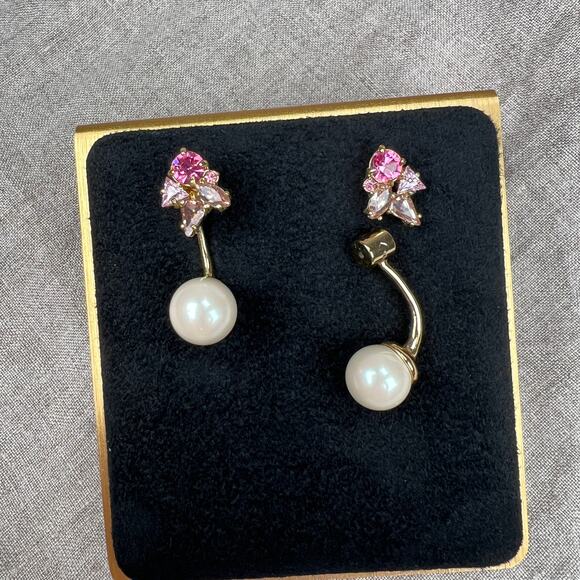 kate spade Jewelry - Kate Spade Dainty Sparklers Drop Back Earrings Pink & Faux Pearl Gold Tone